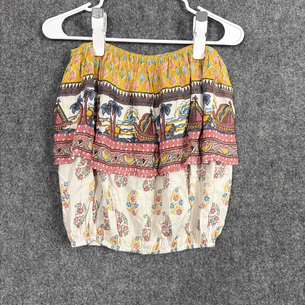 Raga Top Blouse Womens Size S Yellow Cream Floral Boho Hippie Hipster Crop